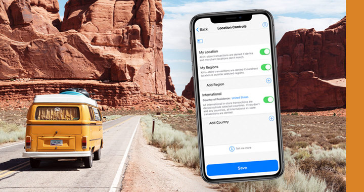 Yellow VW bus driving through the red rocks area of the southwest.